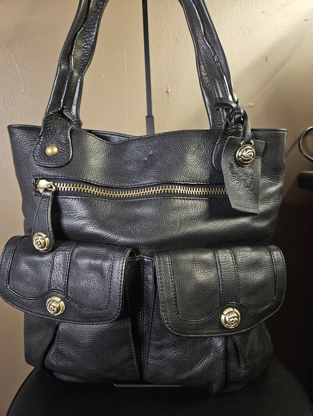 Rough Roses Multi Pocket Slouchy Leather Handbag- Black - Picture 11 of 11